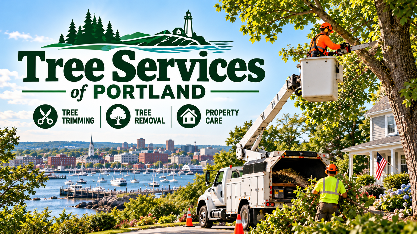 Tree Services of Portland branded artwork with a lighthouse, Portland waterfront, and tree care scene